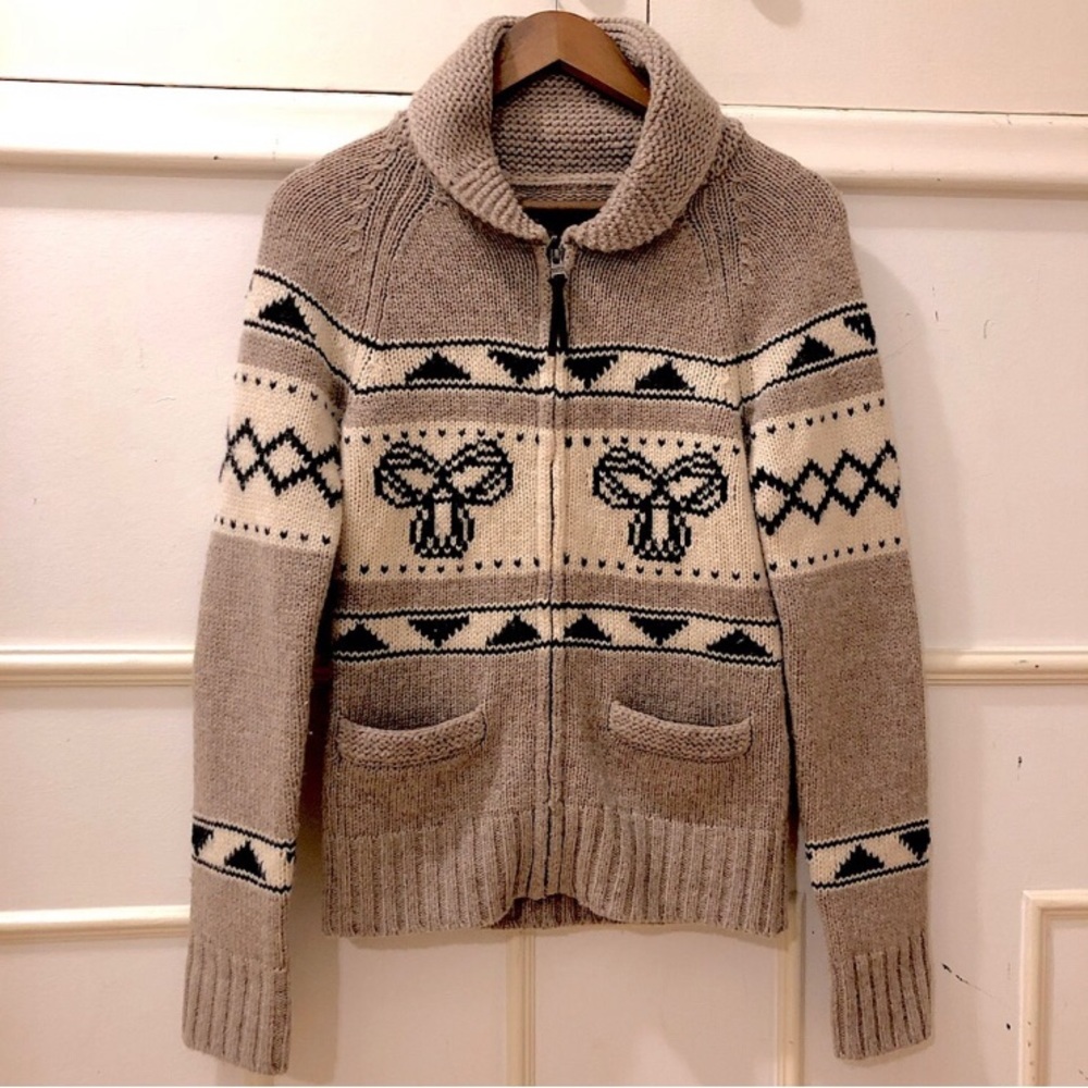 Aritzia TNA Lambwool Sea to Sky Full zipped Beige and Black Patterned Sweater-M